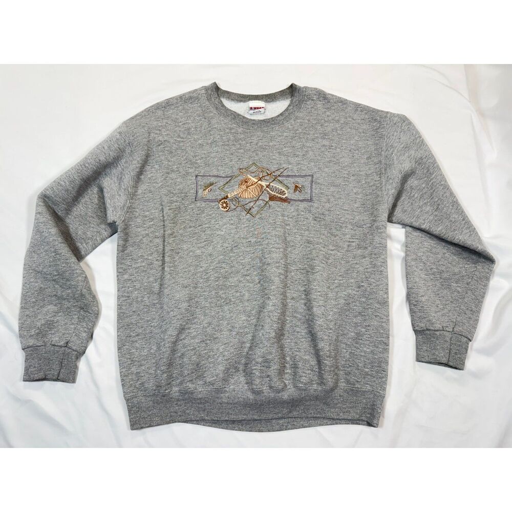 Vtg 90s B-Wear Fly Fishing Sweatshirt L Made in USA Embroidered Fish Gorpcore